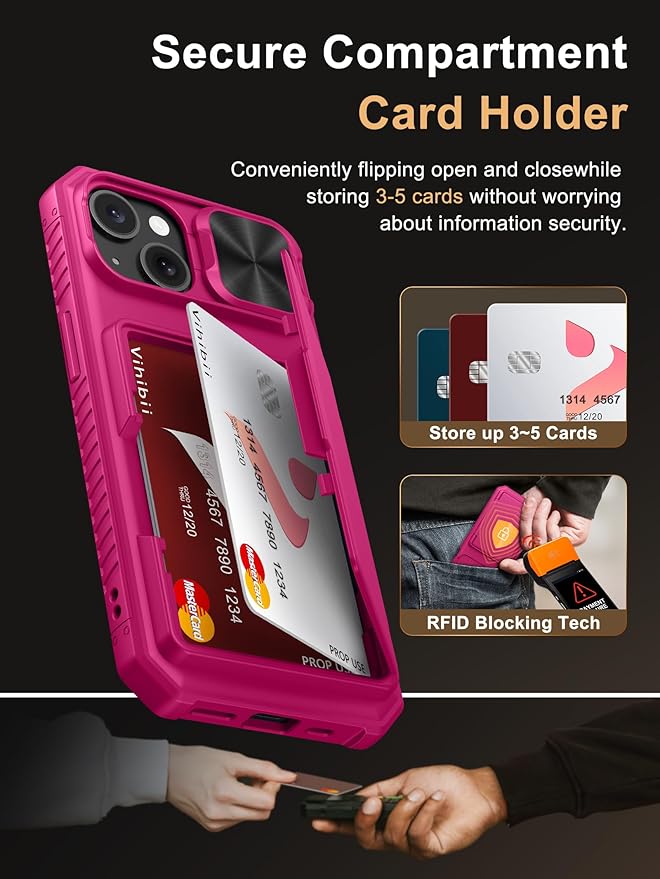 Vihibii for iPhone 15/14/13 Wallet Case with Card Holder (4 Cards), RFID Blocking & Slide Camera Cover & Raised Edges Protect Screen, Heavy Duty Shockproof Phone Case, Hot Pink