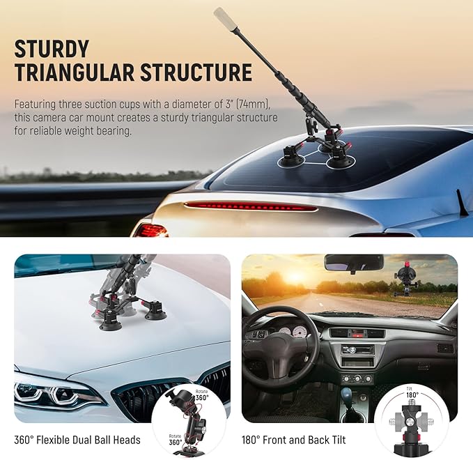 NEEWER Triple Suction Cup Car Mount Kit with 2in1 Extension Pole/Selfie Stick, Quick Release Outside Windshield Magic Arm Camera Mount Compatible with Insta360 Action Cam, Cleaning Cloth, CA065