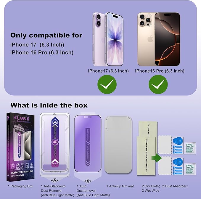 SHANG PIN JIA 2 Pack Anti Blue Light Matte Screen Protector for iPhone 17&16 Pro 6.3-Inch Auto Dust Removal, No Bubbles, Tempered Glass Film, Easy Installation
