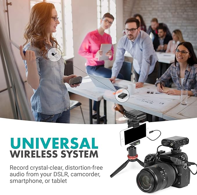 Movo WMX-1 2.4GHz Wireless Lavalier Microphone System Compatible with DSLR Cameras, Camcorders, iPhone, Android Smartphones, and Tablets (200' ft Audio Range)
