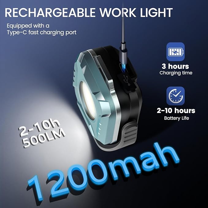 Rechargeable Magnetic Work Light, 500 Lumens Floodlight 1200 mAh LED Portable Lamp, 2.9 Oz Mini Supersmall for Emergency Nighttime Auto Repair, Birthday Gifts for Husband and Father, Grey