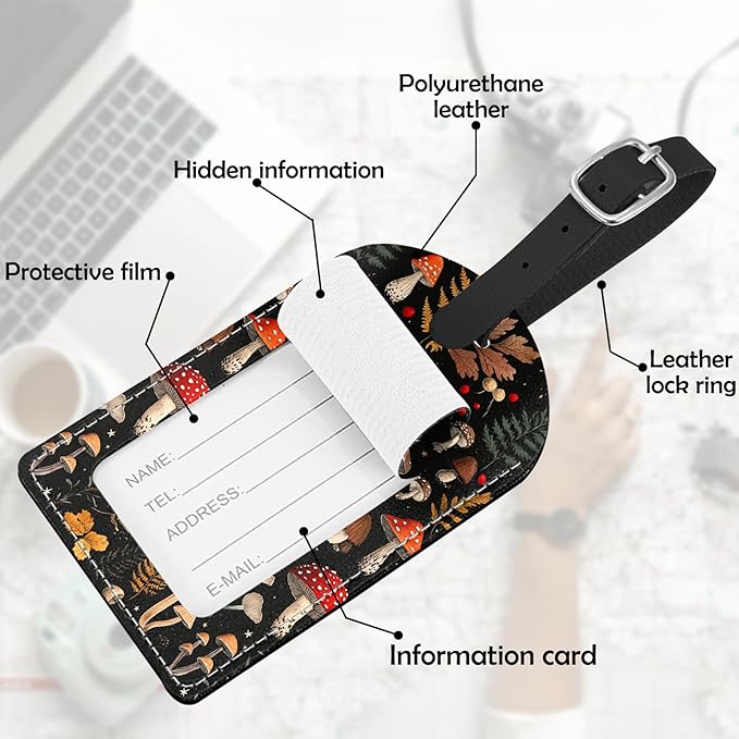 2 Pack Luggage Tag Suitcase Tags PU Leather Identifiers Privacy Cover Luggage Tags Aesthetic Cute Travel Bag Labels for Women Girls Men-Red Mushroom