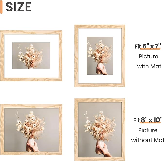 upsimples 8x10 Picture Frame Set of 10, Display Pictures 5x7 with Mat or 8x10 Without, Multi Photo Frames Collage for Wall or Tabletop Display, Natural