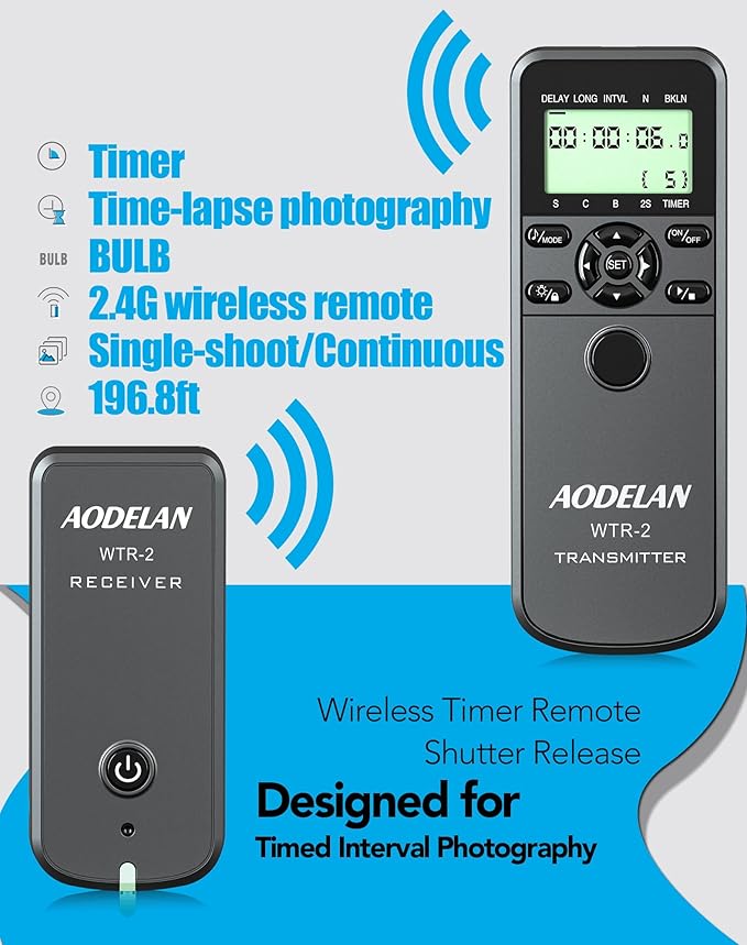 AODELAN Wireless Remote Control for Nikon Cameras, Timer Remote Shutter Release Cable for Z9 D5 D6 D800 D810 D850 ; Replaces Nikon MC-30