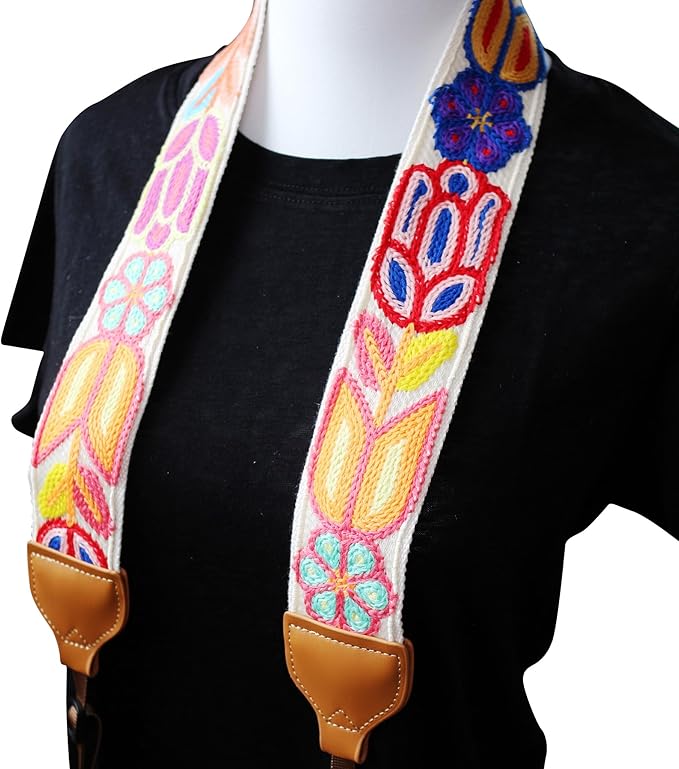 UNIKSTRAP Original Design Adjustable Camera Strap, Vintage Style Hand Made Crochet Colorful Flowers, 2 Inch (5cm) Width, Fit for Canon Nikon Sony Interchangeable Lens Digital Camera/DSLR