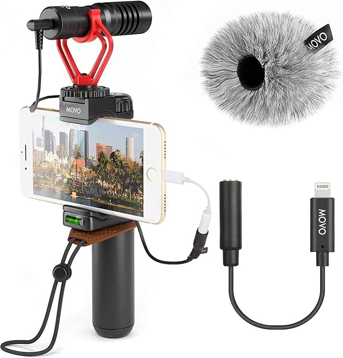 Movo Smartphone Video Rig with Shotgun Microphone, Grip Handle, Wrist Strap, and Lightning Dongle Compatible with iPhone 11, 11 Pro, XS, XR, X, 8, 7, 6S, 6, 5S, 5 and Android - for Vlogging, YouTube