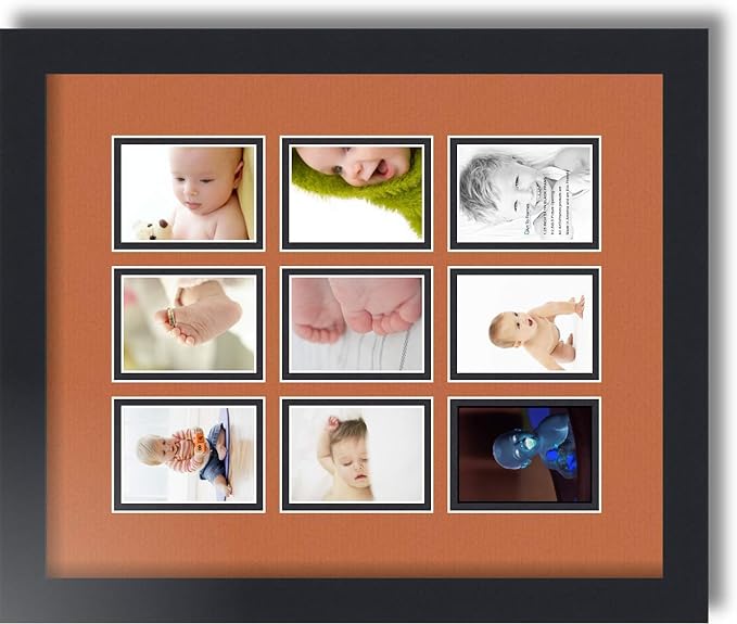 ArtToFrames Collage Photo Frame Double Mat with 9-2.5x3.5 Openings with Satin Black Frame and Red Orange mat.