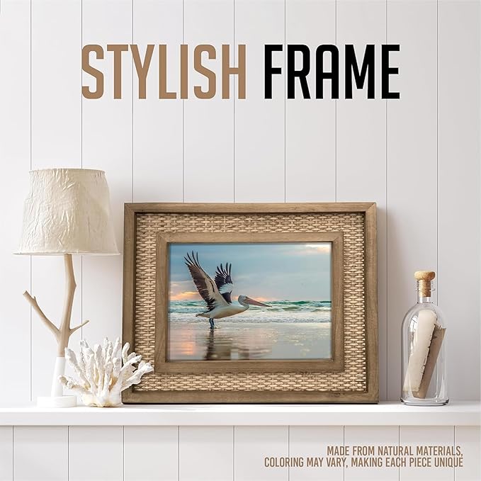 Rattan Picture Frame for 8x10 Photos – Natural Fir Wood with Woven Rattan Mat, Boho Coastal Decorative Frame, Vertical/Horizontal Display, Tabletop or Wall Mount (12.5" x 14.5" Outer Size)