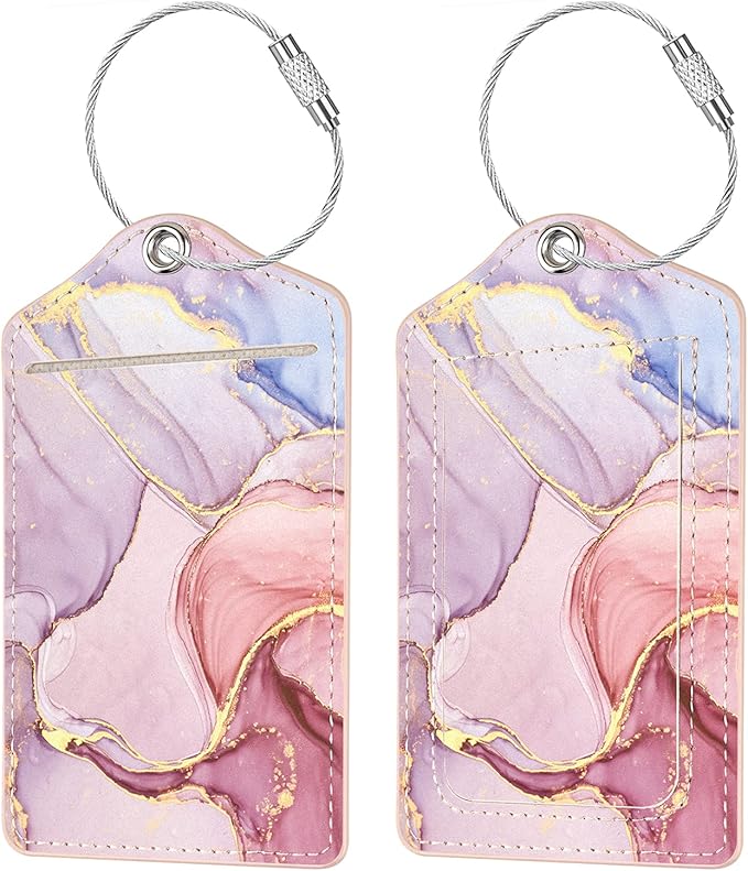 (Set of 2) Luggage Tag for Suitcases Leather Privacy Cover ID Label with Stainless Steel Loop, Travel Bag Tags Suitcase Labels, Watercolor Pink