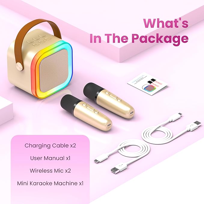 Mini Karaoke Machine for Kids Adults, Portable Bluetooth Speaker with 2 Wireless Karaoke Microphones, 2026 TOP Birthday for Girls Boys 3,4,5,6,7,8+Year Old Toddler Toys Karaoke Player(Gold)