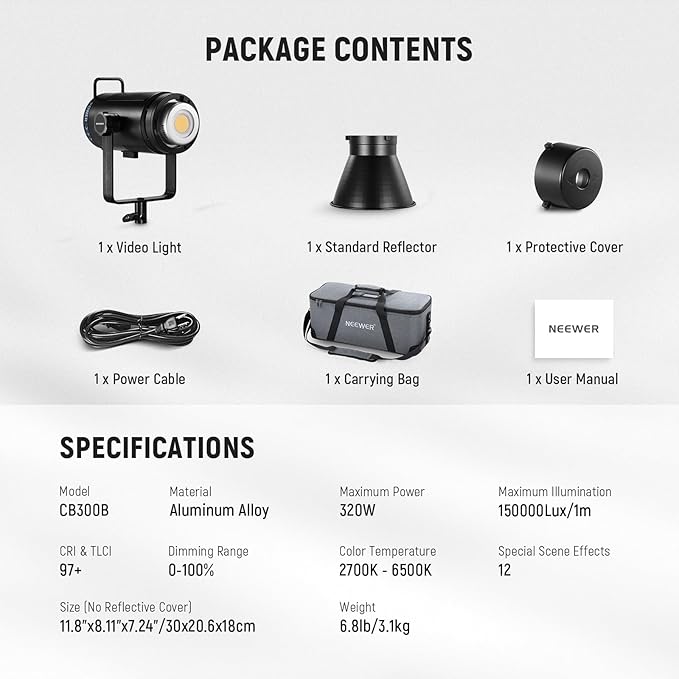 NEEWER CB300B 320W LED Video Light with 2.4G/APP Remote Control, All Metal Bi Color COB Continuous Output Lighting with Bowens Mount 150000lux/1m 2700K-6500K CRI/TLCI97+ 12 Effects for Video Recording