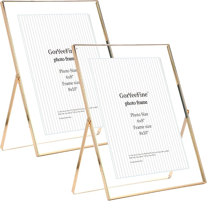 Gold 8x10'' Floating Frame Set of 2, For Photo Sizes ( 5x7'' ,6x8'' 7x9'' up to 8x10''), Beautiful Metal Lace Edge Frames Adjustable Tabletop/Shelf Photo Frame, Classy Gift Choice for Wedding,