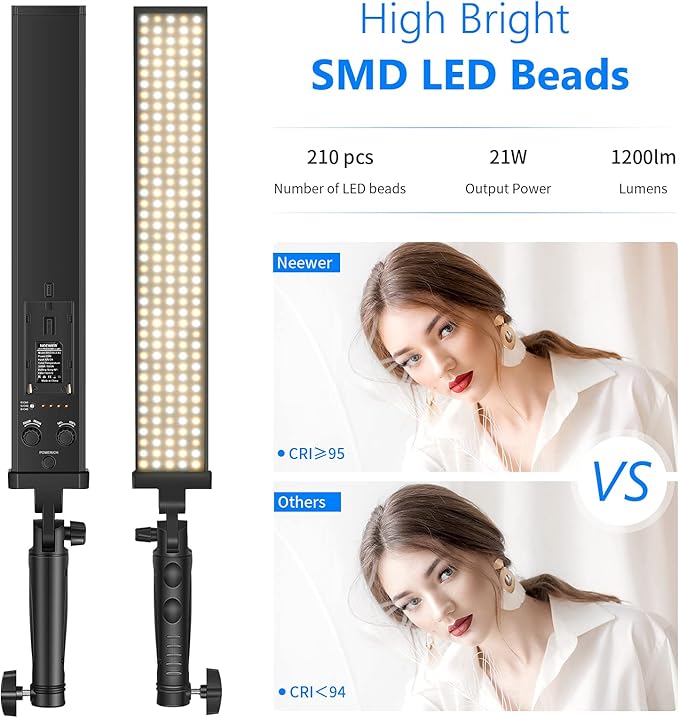 Neewer 3 Packs 2.4 GHz LED Light Stick Photography Lighting Kit with 3 Color Filters - Remote Dimmable 3200k-5600K 21W CRI 95 with Boom Arm Stand, Filters(Red/Yellow/Blue) and Bag, Battery Applicable