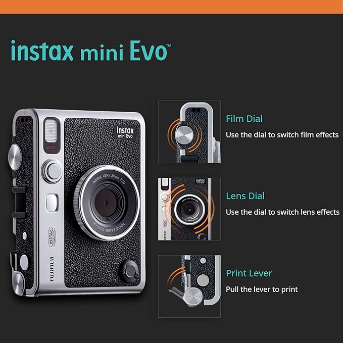 Fujifilm Instax Mini EVO Hybrid Black Instant Camera | Instax Mini Twin Pack Instant Film | 32GB microSD Card with Adapter | Black Camera Case