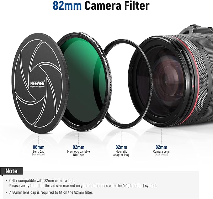 NEEWER 82mm Magnetic Variable ND Filter ND2-ND32(1-5 Stops) with Magnetic Adapter Ring， HD Adjustable Neutral Density Filter with Water Repellent Double Sided 30 Layer Coatings， No X Cross