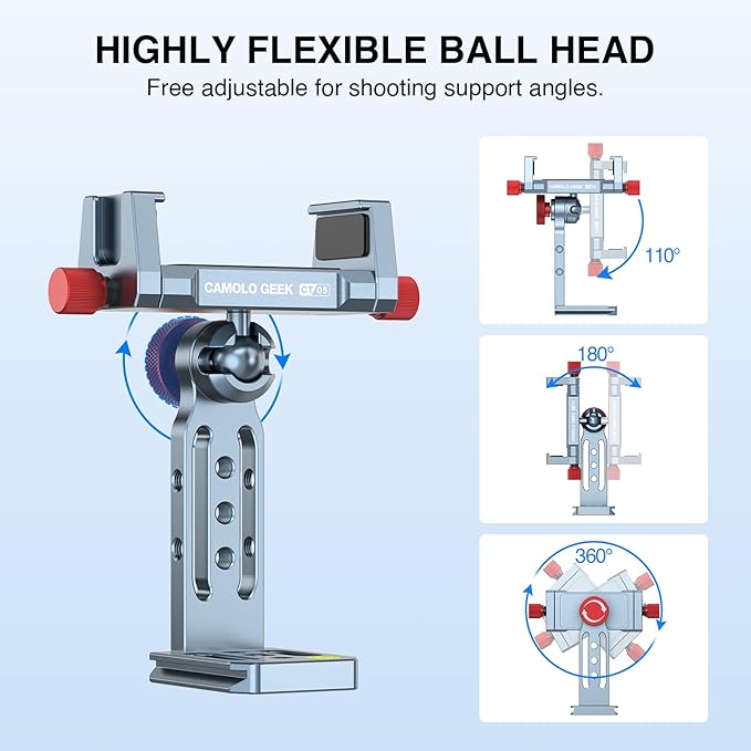 Phone Tripod Mount Aluminum Alloy, 360° Rotatable Phone Stand Holder Clamp with Cold Shoe and Arca Base Compatible with iPhone 15 Pro Max Galaxy S24 Ultra Pixel & 2.5"-4" Wide Smartphones