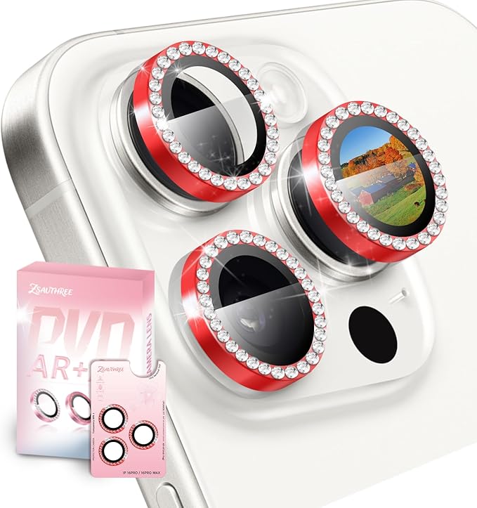 Camera Lens Protector Bling Compatible for iPhone 16 Pro/16 Pro Max,9H Tempered Glass,1Step Installation Tray,HD Clear/Military Grade Shatterproof/Scratch Resistant(Diamond Red)