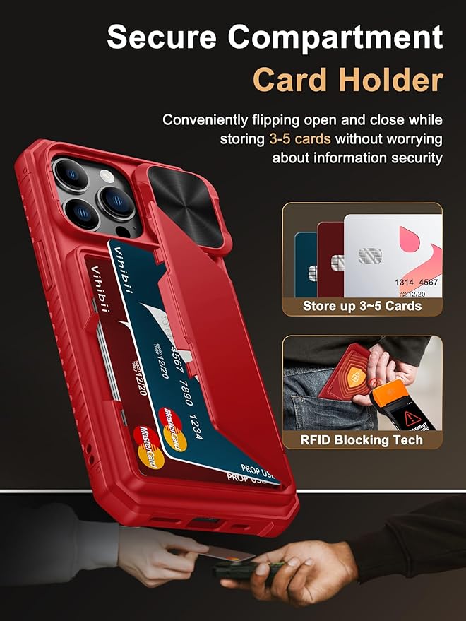 Vihibii for iPhone 13 Pro Case with Card Holder (4 Cards), [RFID Blocking] & Slide Camera Cover, Military Grade Drop Protection, Heavy Duty Shockproof Wallet Case for iPhone 13 Pro, 6.1" 2021, Red