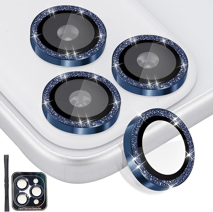 Camera Lens Protector for iPhone 17 Pro/17 Pro Max, Aluminum Alloy Tempered Glass Lens Protector with Installation Frame Fits for iPhone 17 Pro/17 Pro Max (Glitter Dark Blue)