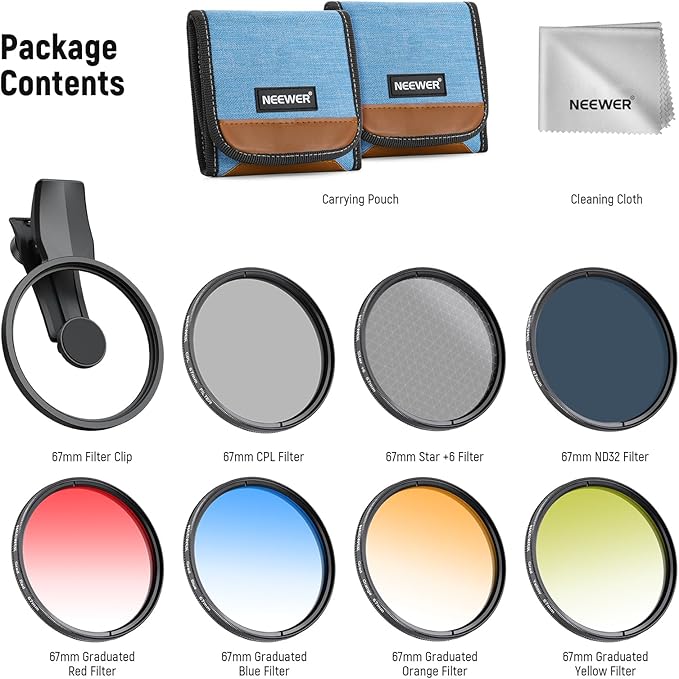 NEEWER 67mm 7 Pack ND Filter Set Compatible with Android Samsung Google Huawei Xiaomi Phone, Clip On CPL+ ND32 + Starlight + GND (Red/Orange/Yellow/Blue) Photography Accessories Kit with Case, FL-P14
