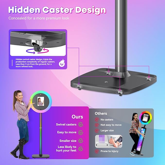 Portable Photo Booth for I pad 10.9in 10.2in 11in 12.9in, with Cyratok Software APP Control Ring Light, Lightweight & Rolling Base Selfie Photo Booth Machine for Weddings, Parties