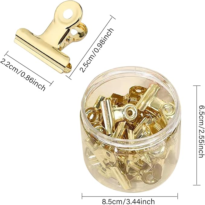YUCHIYA 32 Pack Bulldog Clips with Push-pins for Corkboard,Metal Clips for Crafts, Metal Binder Clips for Pictures, Spring Paper Clamps for Office Documents (Gold,0.85inch)