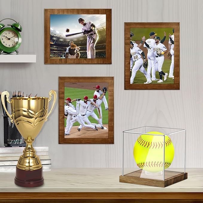 Hooqict Softball Display Case Clear Acrylic Ball Holder UV Protected with Wood Base Stand, Softball Case Display Box Championship Square Box for Golf Tennis Game Ball Baseball