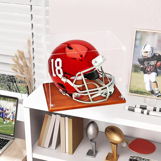 Clear Acrylic Helmet Display Case with Wood Base & Tee, Memorabilia Stand Cube Holder, Dust Protection Transparent Storage Box for Single Helmet Souvenir Collections