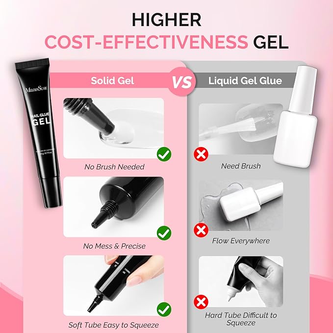 MelodySusie 2Pcs*20g Solid Nail Glue Gel, Super Strong&Long Lasting Soft Gel Apex Nail Tips Glue for Acrylic Fake Nails, 3D Nail Art,Nail Gem,Soak off UV&LED Lamp Needed, Valentine Home DIY&Salon