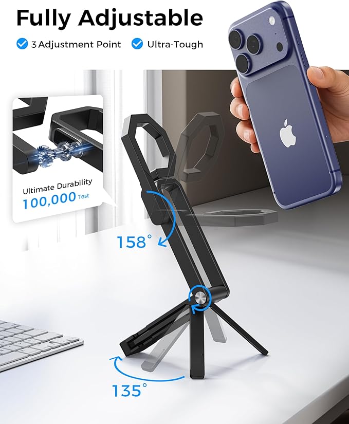 LULULOOK Rugged Magnetic Phone Tripod Stand for iPhone/Pixel 10 - Portable Strong Magnetic Phone Holder for Magsafe - Tripod Mount for iPhone 13/14/15/16/17 Pro Max & Air (Black)