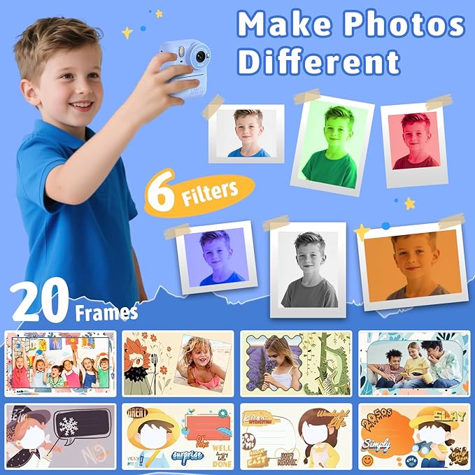 Okaloka Kids Instant Print Camera Toys,1080P HD Toddler Digital Video Camera,Christmas Birthday Gifts for Girls Boys Age 3-12 Year Old - 32G SD Card Included (Blue)