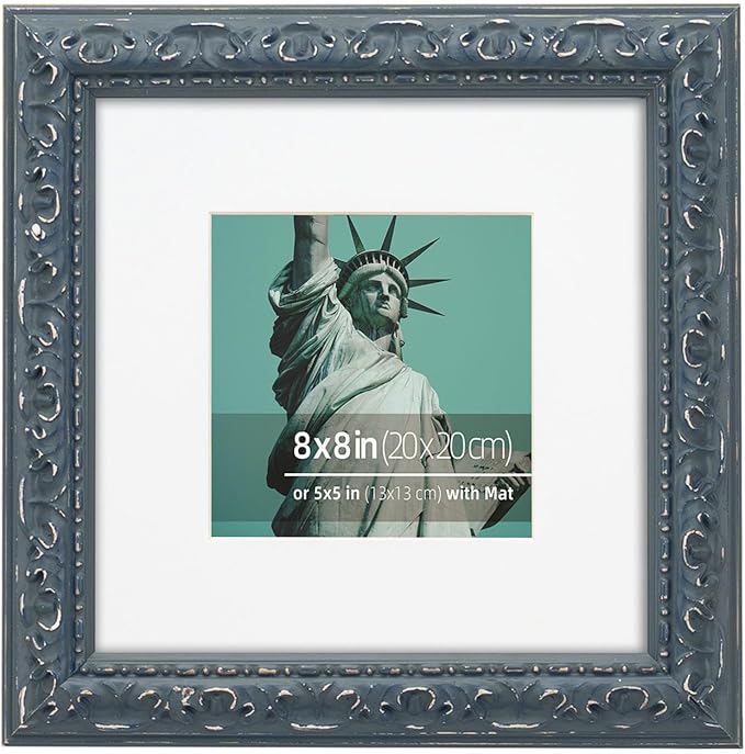 8x8 inch Distressed Wood Embossed Scroll Motif Vintage Antique Rustic Picture Frame, White Mat for 5x5 in Photo, Art Print Drawing, Wall Hanging or Desktop Display-Dark Blue