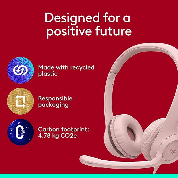 Logitech H390 Wired Headset for PC/Laptop, Stereo Headphones with Noise Cancelling Microphone, USB-A, in-Line Controls, Works with Chromebook - Rose