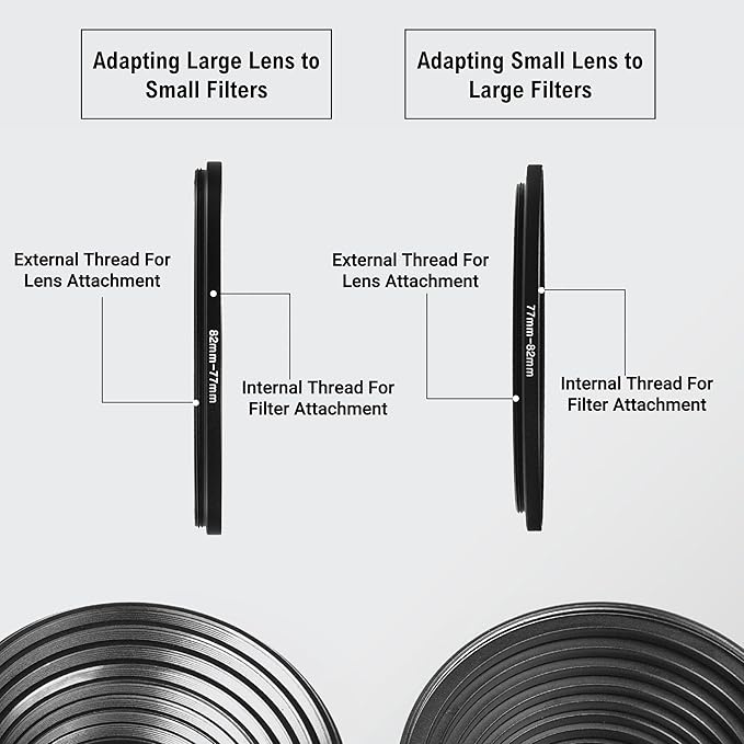 18-Piece Filter Ring Adapter Set - 9X Step-Up Rings and 9X Step-Down Rings for Lens Filters, Lens Hoods, and Lens Converters - Includes 4X Microfiber Cleaning Cloths (7x6 Inches)