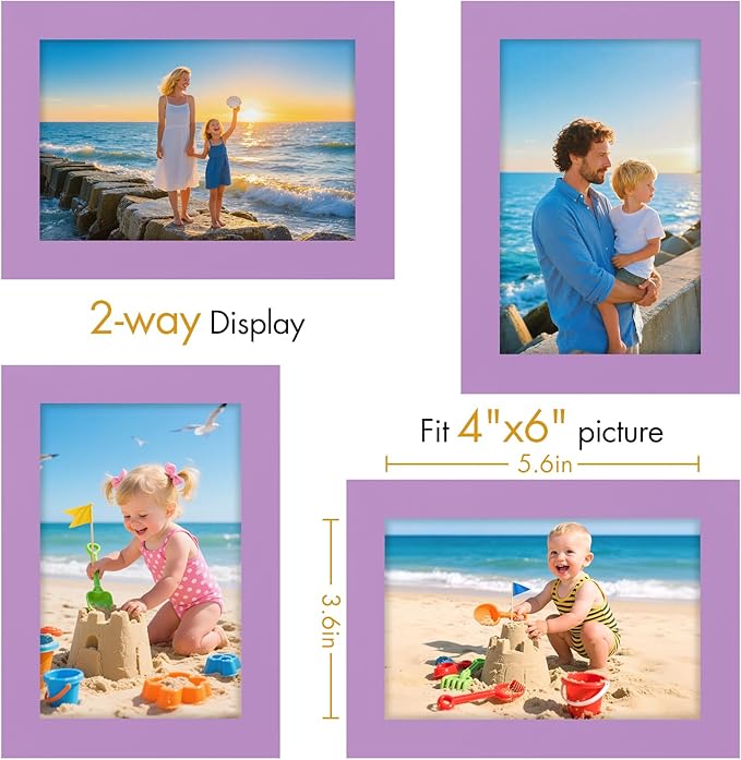 Vittanly 4x6 Picture Frame, Made of Solid Wood and Shatterproof Plexiglass, Wooden Photo Frame for Wall Mounting or Tabletop Display, Picture Frame for Home Decor with Stand, Purple, 1 Pack