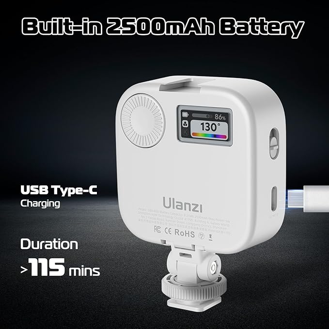 Ulanzi U60 RGB Video Light, Portable LED Camera Light with 360° Color CRI≥95 2500-9000K Dimmable Panel Lamp,2500mAh LED Panel Photography Lighting w Quick Release Cold Shoe Adapter and Clip-White