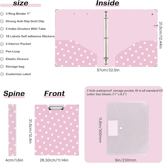 Etzul 3 Ring Binder 1 inch with Clipboard - Pink Polka Dot Design, Includes Dividers, File Bag & Spine Label - Fun and Functional for School or Office, Holographic Waterproof Film