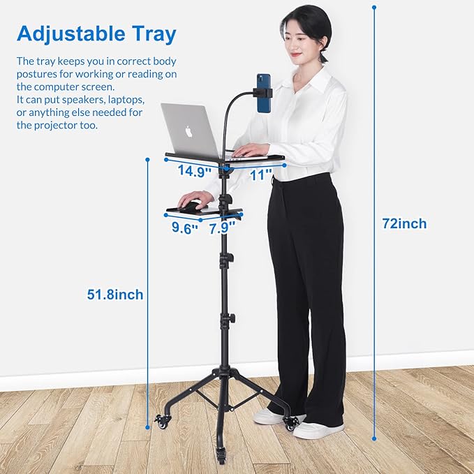 Laptop Tripod on Wheels with 2 Shelves, Portable Projector Floor Stand Adjustable Height 25.9 to 51.8 Inch with Phone Holder