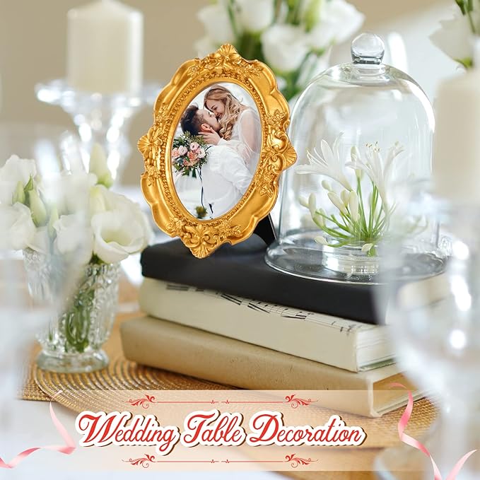 Maitys 25 Pcs Mini Picture Vintage Frames with Stands Tiny Antique Photo Baroque Ornate Resin Oval Frame Table Top Display Home Wedding Decor (Gold)