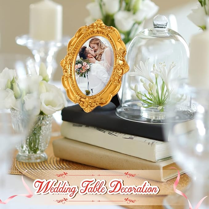 Maitys 40 Pcs Mini Picture Vintage Frames with Stands Tiny Antique Photo Baroque Ornate Resin Oval Frame Table Top Display Home Wedding Decor (Gold)