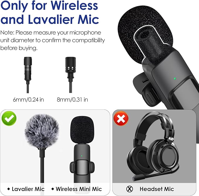 Mini Wireless Furry Windscreen & Foam Cover Set for Lavalier Microphone, Wind Muff Foam Mic Cover with Clip to Reduce Plosive and Better Highlight the Vocals, Washable and Windproof Wind Screen(8 Pcs)