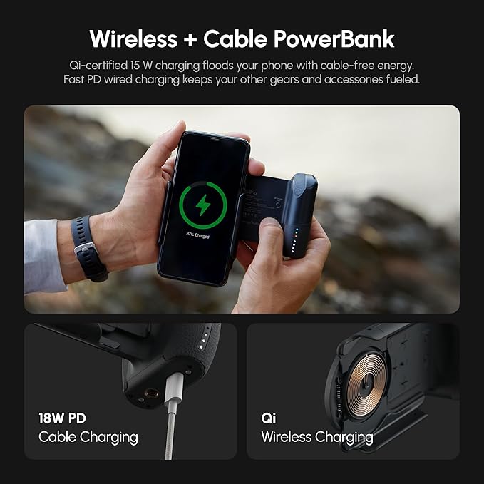 ProGrip Mobile Battery Grip, DSLR-Style Phone Camera Grip with Built-in Powerbank of Qi Charging, Ergonomic Handle with Wireless Shutter Button, Phone Stand Dock, Built-in Cold-Shoe & Tripod Mount
