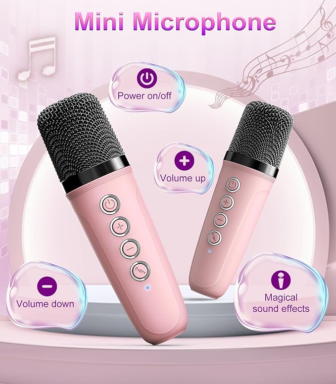 TiMOVO Mini Karaoke Machine, Portable Bluetooth Speaker with 2 Wireless Microphones and LED Lights, Birthday Gifts for Family Home Party, Pink