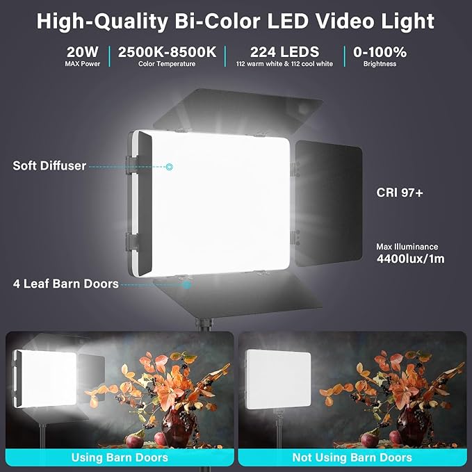 2 Pack Led Video Light Panel Lighting Kit with Barn Doors, 8000mAh Rechargeable Camera Light, 2500K-8500K Photo Light for Outdoor Indoor Photography Video Recording Live Streaming Zoom Calls