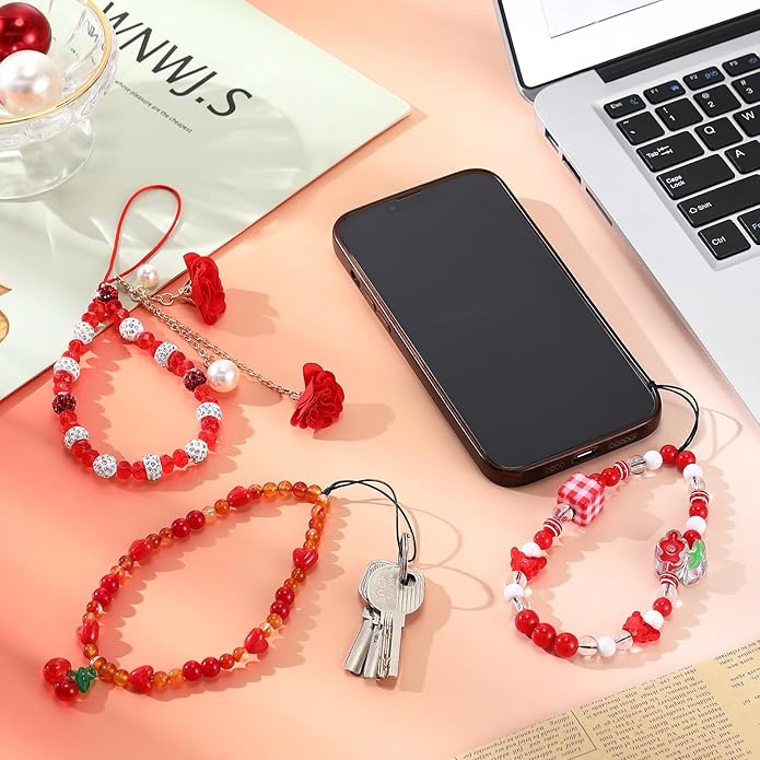 Ecally 3 Pcs Phone Charms Strap Camera Charm Strap Pearl Beaded Butterfly Bow Flower Cute Phone Wrist Lanyard Bracelet for Camera Keychain Wallet Decor Easter Gifts