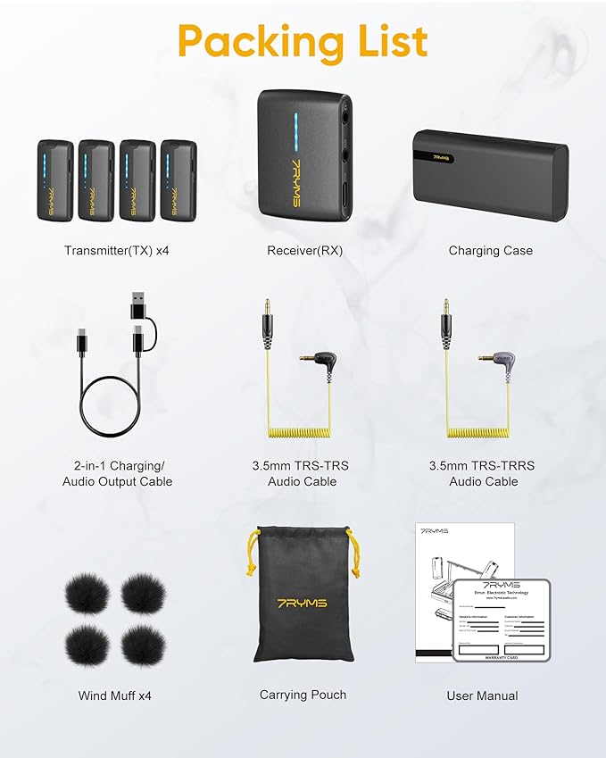 7RYMS iRay DW40 4-Channel Wireless Lavalier Microphone with Noise Cancellation, 656ft Range, 12.5H Working, Wireless Laple Mic for iPhone, DSLR Camera, Android, Video Recording Podcast Live-Stream