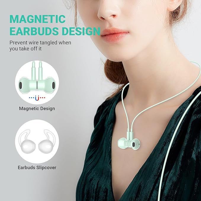 USB C Headphones for iPhone 17 Air 16 Pro Max 15, Type C Earphones with Microphone Magnet HiFi Stereo Wired Earbuds for Samsung Galaxy S26 S25 Ultra S24+ 23 A53 S21 S20 FE Flip 7 6 5/Pixel 10, Green