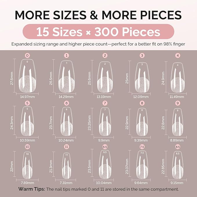 MelodySusie Medium Coffin X Nail Tips - 300Pcs 15 Sizes Clear Acrylic, Half Matte Full Cover Press on Nails for DIY Extension & Salon Use, Pre-Shaped for Long-Lasting Manicure