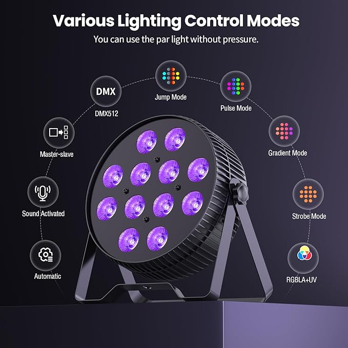 Betopper LED Stage Lights,12X18W DJ Par Light,RGB+Lime+Amber+UV 6-in-1 Wash/Strobe Effect Stage Lighting, DMX512/Sound Activated Uplighting Light for DJ,Parties,Concerts,Bars,1 Pack