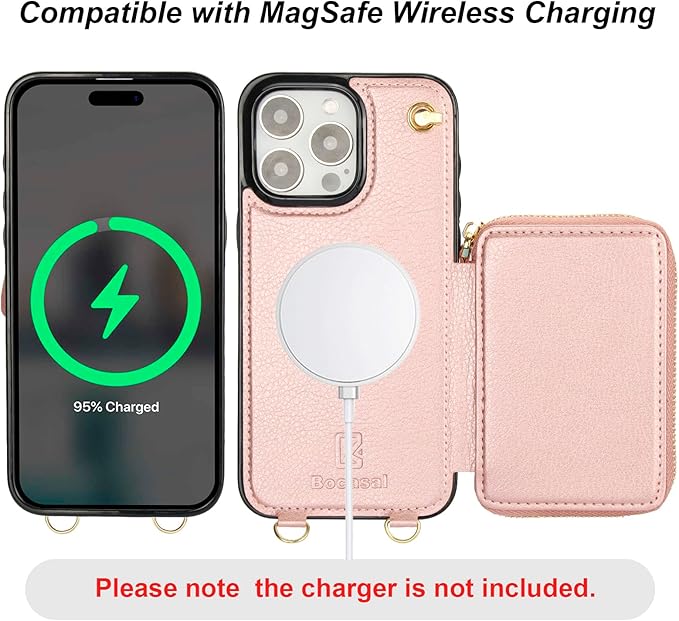 Bocasal for MagSafe Crossbody Wallet Case Compatible with iPhone 15 Pro Max, RFID Blocking Protective Purse Case with Card Slots Holder Kickstand Wrist Strap Lanyard Zipper 6.7 Inch 5G (Rose Gold)